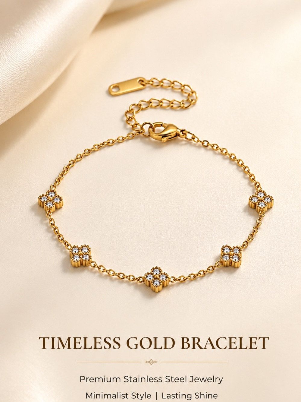 Gold Tone Clover Zirconia Stainless Steel Bracelet Adjustable